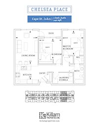 A floor plan for a Cape Pine apartment with two bedrooms and a bath.