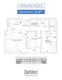 A floor plan for a property at Cape St. Mary's shows a 2 bedroom, 2 bathroom apartment.