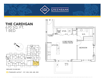 A floor plan for a 670 square foot 1 bedroom apartment from Greenbank.