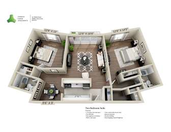 A floor plan of a two bedroom suite at Denali Green Apartments.