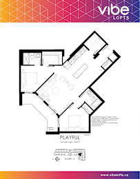 A floor plan for a loft named "vibe" with two bedrooms and a living area.