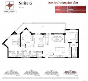 A floor plan for Suite G, a two bedroom plus den condo, is displayed.