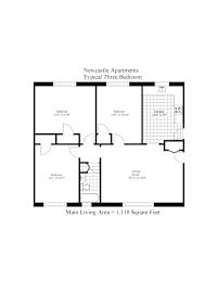 A diagram of a typical three bedroom apartment in Newcastle with a living area of 1,118 square feet.