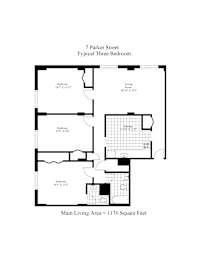 A diagram of a three bedroom apartment with a living room and a kitchen.