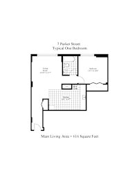 A floor plan of a typical one bedroom apartment at 7 Parker Street.