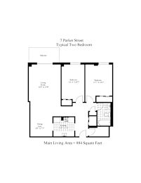 A floor plan of a two bedroom apartment at 7 Parker Street.