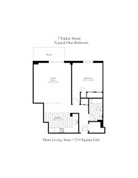 A drawing of a house layout for a 7 Parker Street Typical One Bedroom.