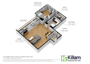 A floor plan of a home with labeled rooms including a bedroom, bathroom, kitchen, living room, and balcony.