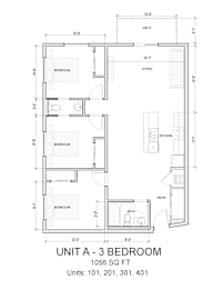 A drawing of a 3 bedroom apartment with a living room, kitchen and bathroom.