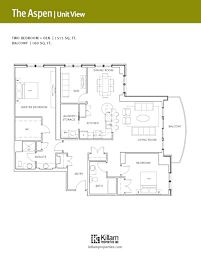 A floor plan for a two bedroom plus den apartment with a balcony.