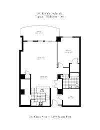 A floor plan of a 1 bedroom apartment with den at 300 Royale Boulevard.
