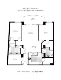 A floor plan of a 2 bedroom apartment with a total area of 1,425 square feet.