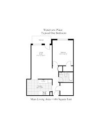 A black and white image of a floor plan for a Waterview Place typical one bedroom apartment.