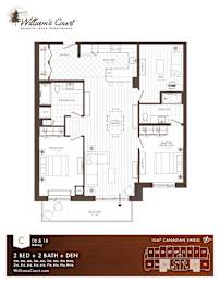 A floor plan for William's Court, Kanaiau Lakes Apartments, showing a 2 bedroom, 2 bathroom, den apartment with a balcony.