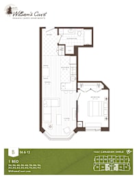 A floor plan for a 1 bedroom apartment at Williams Court.
