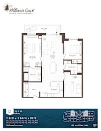 A floor plan for William's Court Kanaiau Lakes Apartments showing a 2 bedroom, 2 bathroom, den apartment.