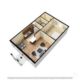 A 3D floor plan of a house with a kitchen, living room, and two bedrooms.
