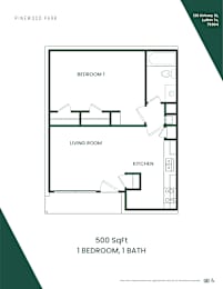 A floor plan of a 500 square foot studio apartment with one bedroom and one bath.