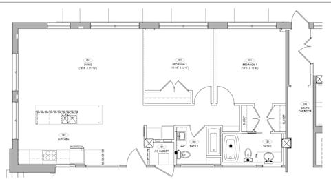 A floor plan of a house with a kitchen, living room, and bathrooms.