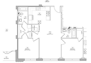 A floor plan of a house with a kitchen, living room, and two bathrooms.