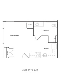 A floor plan of a unit type A12 shows a living/sleeping area, a kitchen, and a bathroom.