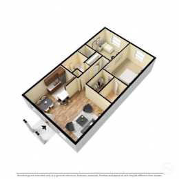 A 3D rendering of a house layout with a kitchen, living room, and bedrooms.