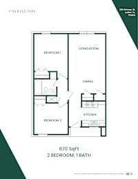 A floor plan of a 2 bedroom, 1 bathroom apartment at Pinewood Park.