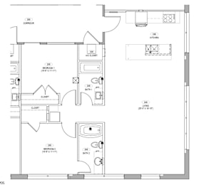 A floor plan of a house with two bedrooms, two bathrooms, a kitchen, and a living room.