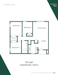 A floor plan of a 750 square foot home with three bedrooms and one bathroom.