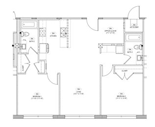 A floor plan of a house with a kitchen, living room, and two bathrooms.