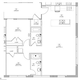 A floor plan of a house with a kitchen, two bedrooms, a bathroom, and a closet.