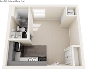A 3D rendered image of a small apartment layout.