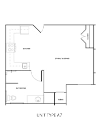 A floor plan of a unit type A7 with labeled rooms.
