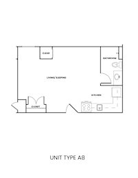 A floor plan of a apartment with a living/sleeping area, a kitchen and a bathroom.