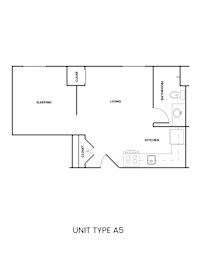 A floor plan of a unit type A5 with a sleeping area, a living area, a kitchen, a bathroom, and a cloakroom.