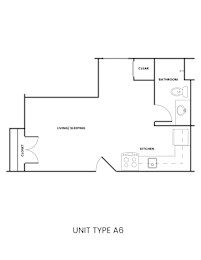 A floor plan of a apartment type A6 with a living/sleeping area, kitchen and bathroom.