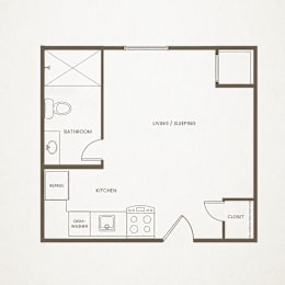 A floor plan of a small apartment with a kitchen, bathroom, and living room.