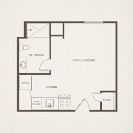 A floor plan of a small apartment with a living area, kitchen, and bathroom.