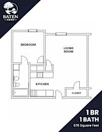 A floor plan of a 1 bedroom, 1 bathroom apartment with a living room and kitchen.