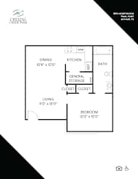 A floor plan for a home with a kitchen, dining room, living room, bathroom, and bedroom.