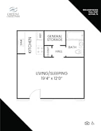 A floor plan for a living/sleeping area that is 19 feet 4 inches by 12 feet 0 inches.