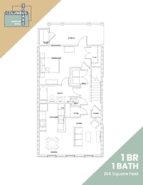A floor plan for a 1 bedroom, 1 bathroom apartment at Columbus Apartment Homes.