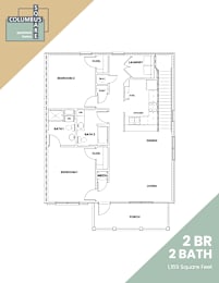 A floor plan for a 2 bedroom, 2 bath apartment with a living area and kitchen.