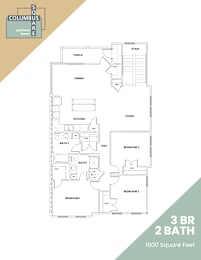 A floor plan for a 3 bedroom, 2 bathroom apartment.