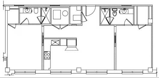 A black and white floor plan of a house with a kitchen, living room, and bathroom.