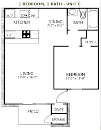 A floor plan of a one bedroom, one bath unit with a living area, kitchen, dining area, bedroom, bathroom, closet, and patio.