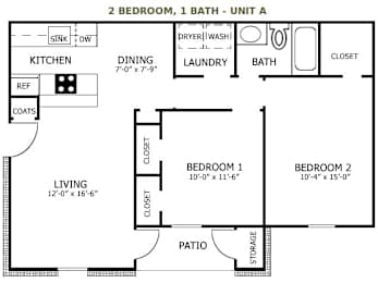 A floor plan of a 2 bedroom, 1 bath unit with a living area, kitchen, dining area, laundry, and closet.