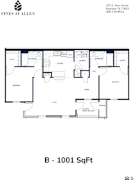 A floor plan for a 1001 square foot home with a kitchen, bathroom, and living room.