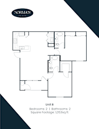 A floor plan for Norma's Plaza shows the layout of Unit B, which includes 2 bedrooms and 2 bathrooms with a total square footage of 1,053 sq ft.