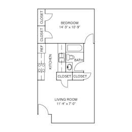 A floor plan of a small apartment with a bedroom, living room, kitchen, and bathroom.